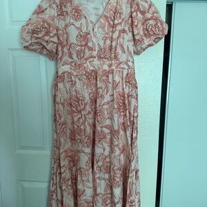 CeCe Pink and White Wrap Maxi Dress with Puff Sleeves